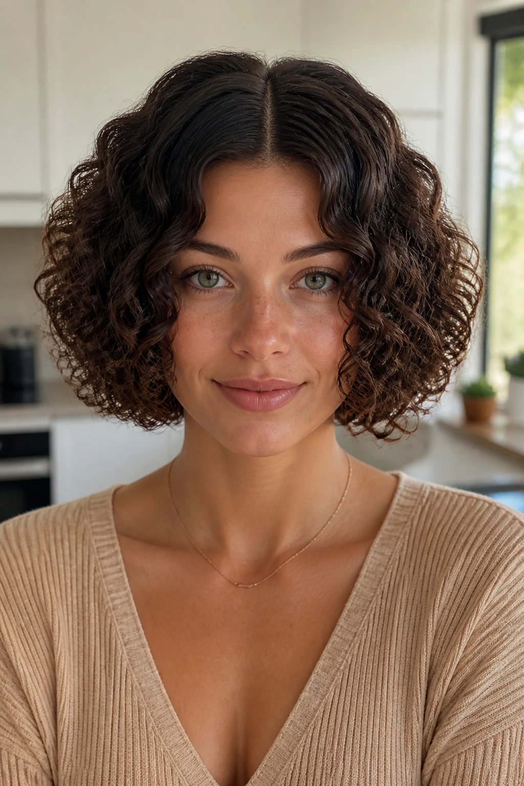 Close-up portrait of a real woman with center-part curly bob showing symmetrical curls