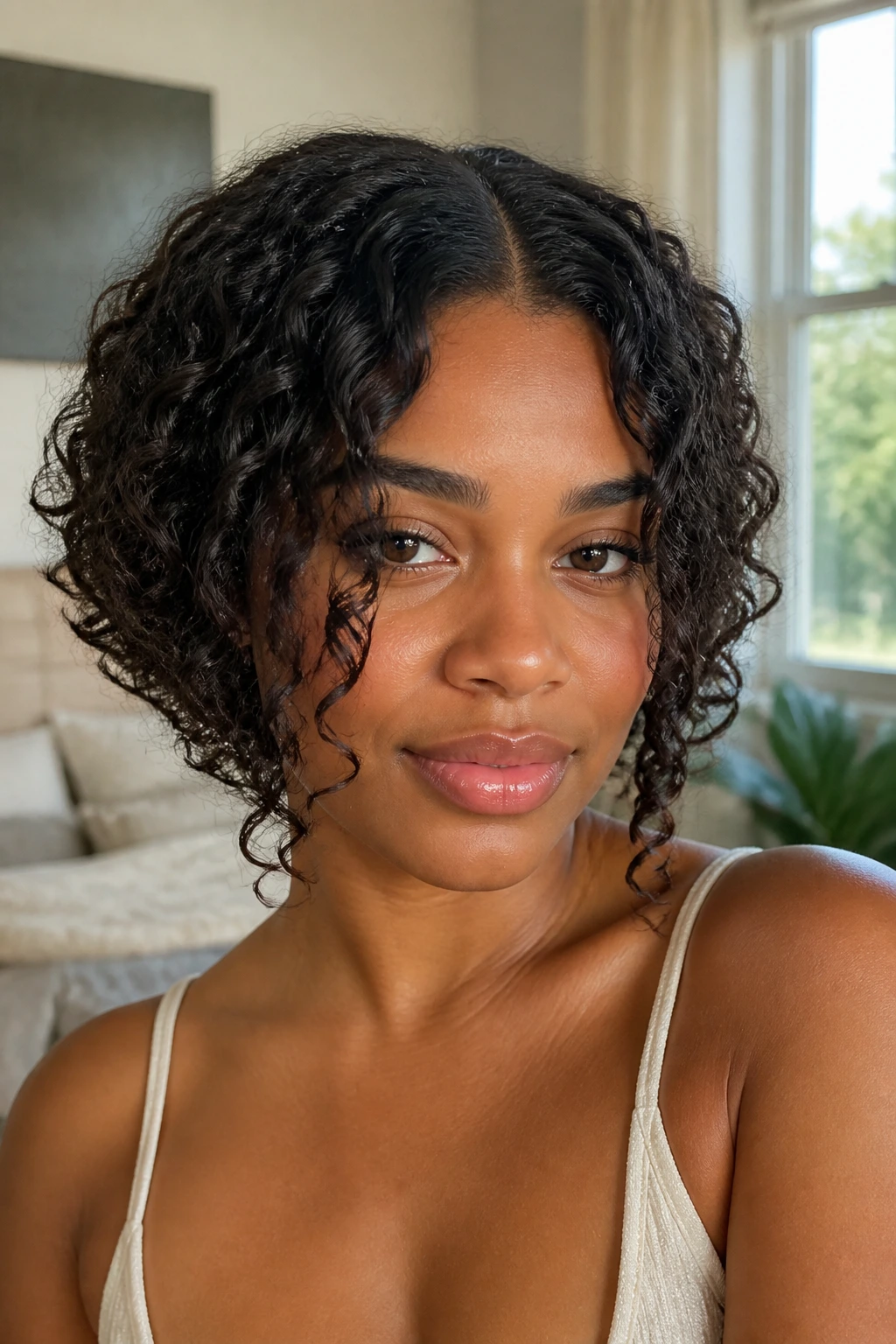 Close-up of a real woman with a center-part curly crop and face-framing layers.
