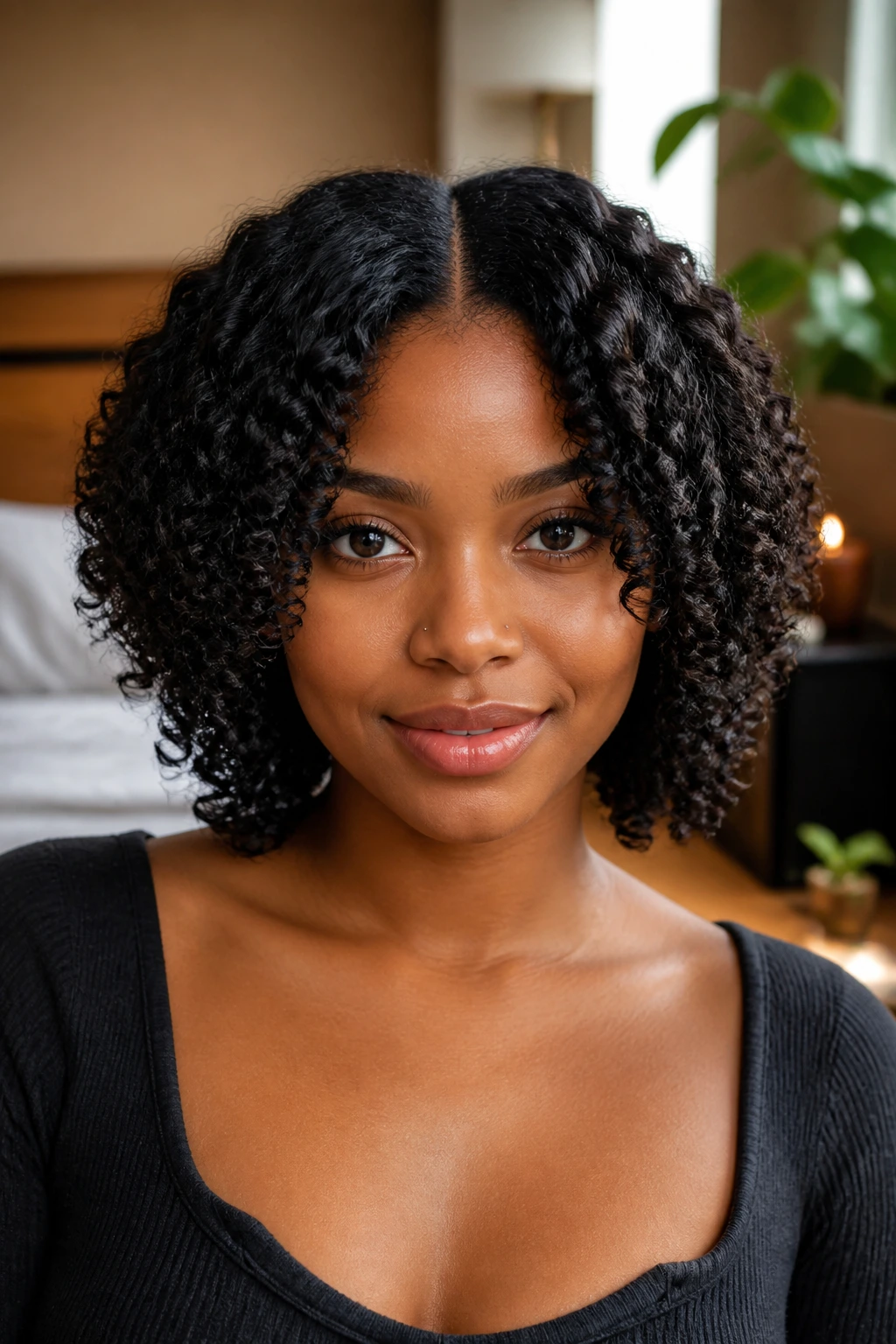 Close-up of a real person with a centered part and symmetrical curtain coils on both sides