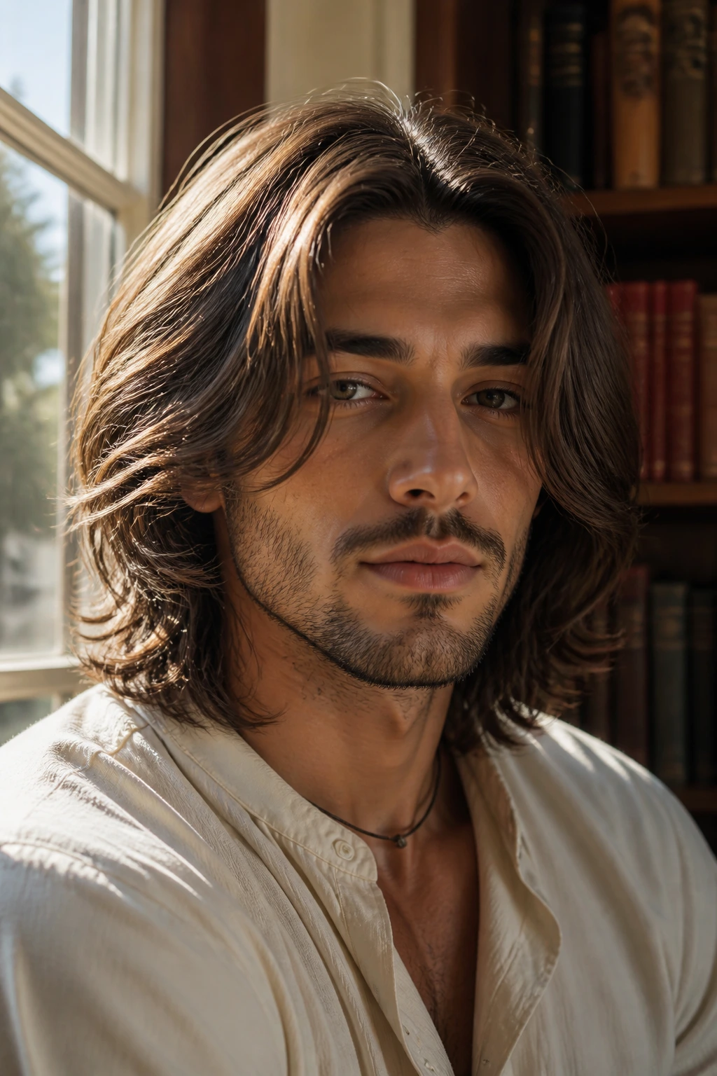 Man with center-parted long hair forming soft curtains at the sides, in a sunlit library.