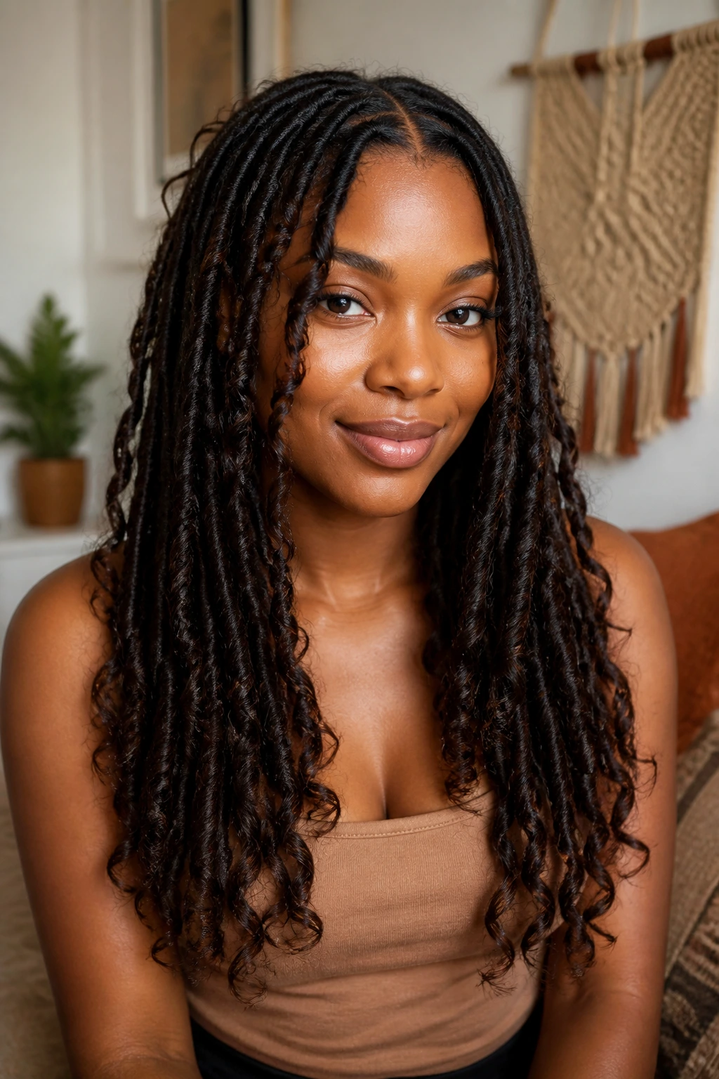 Close-up portrait of center-part curtain goddess locs with spiral ends