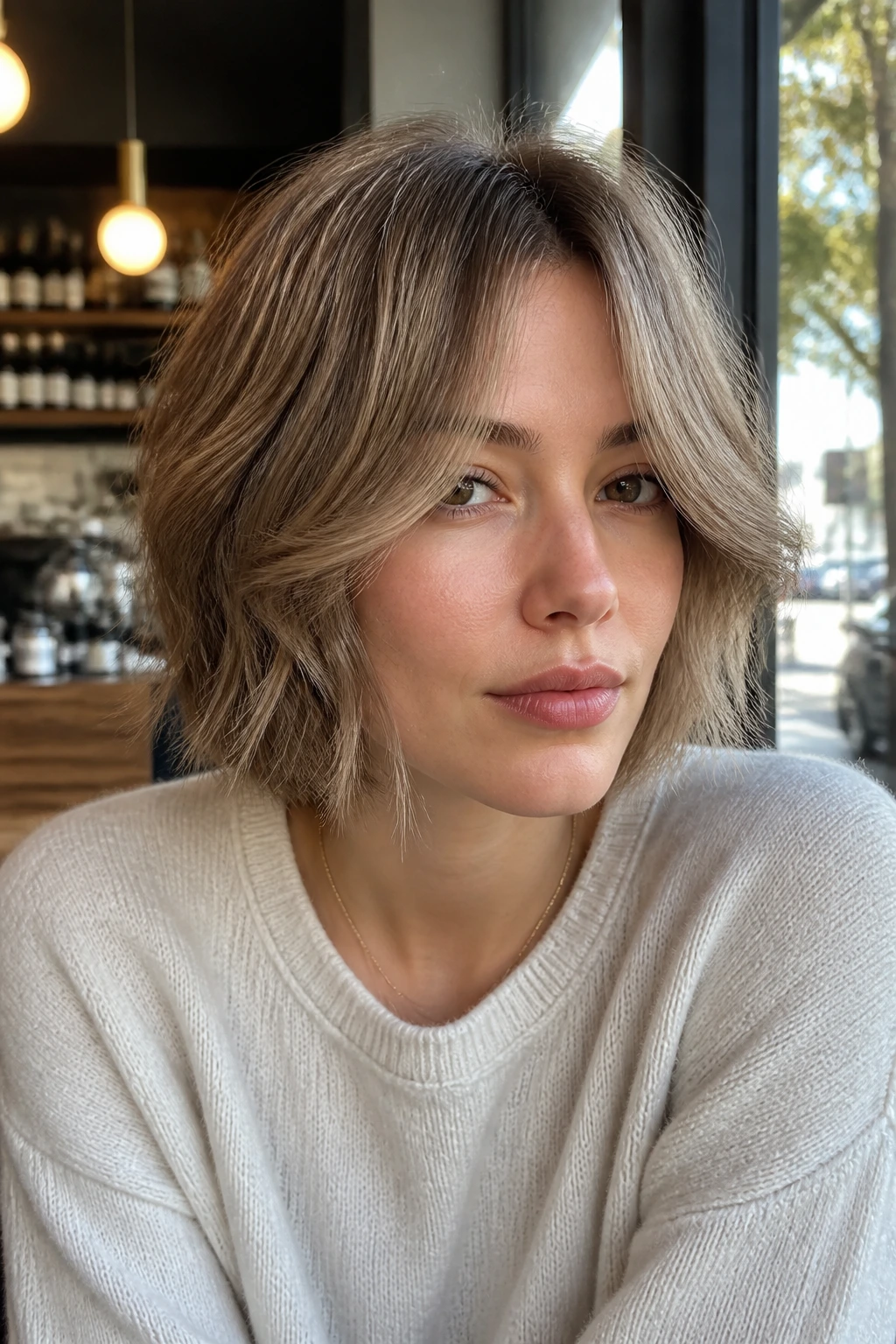 Portrait of a real woman with a center-part curtain shag bob in soft daylight