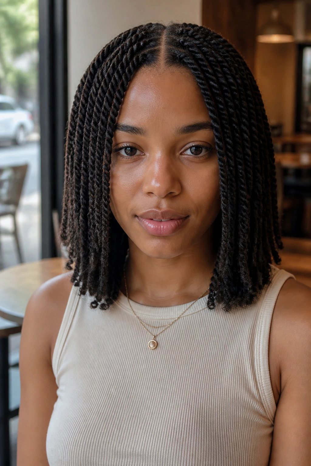Real woman with center-part curtain Senegalese twists in daylight at a cafe