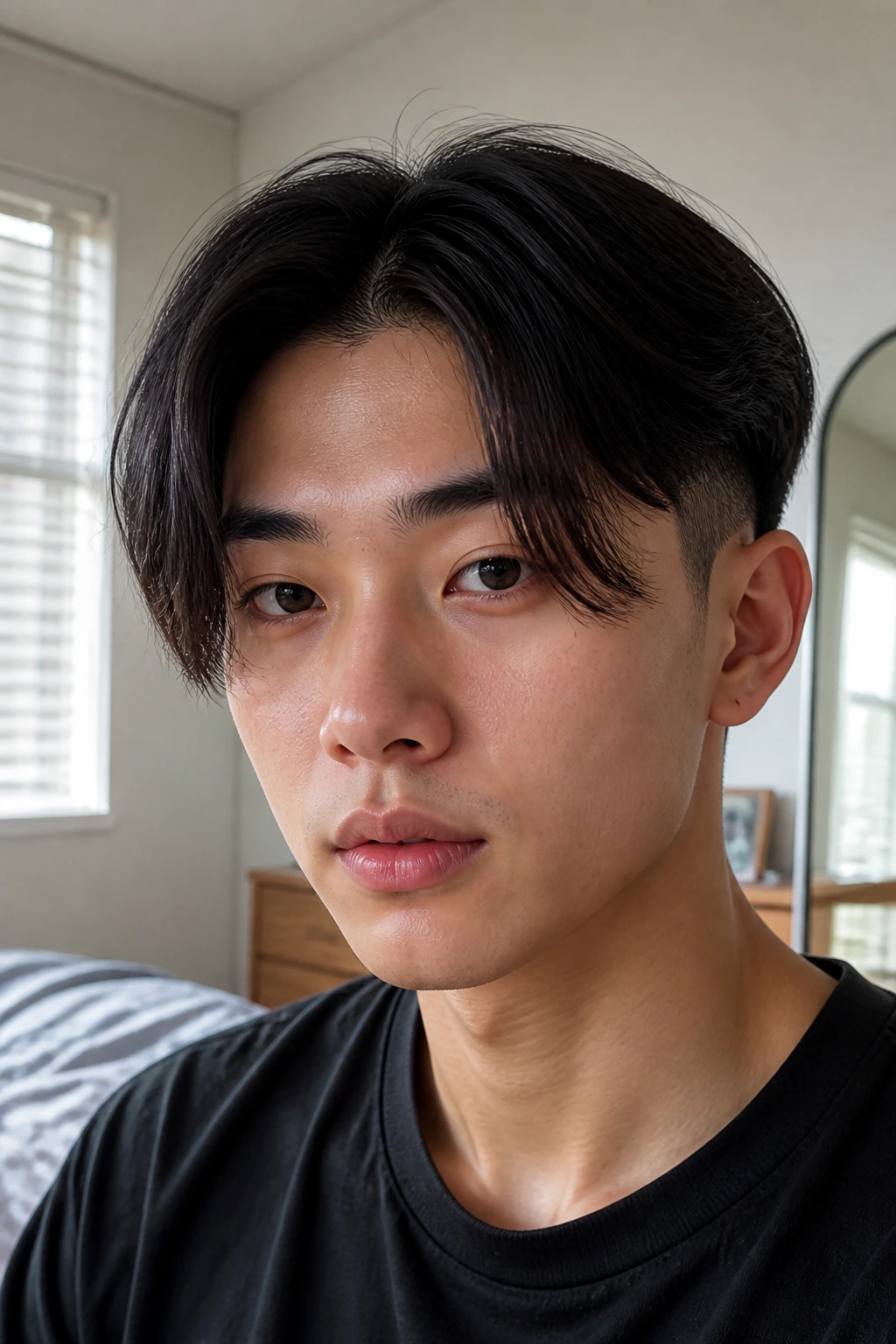 Close-up portrait of a real person with a center-part curtain undercut and face-framing fringe.