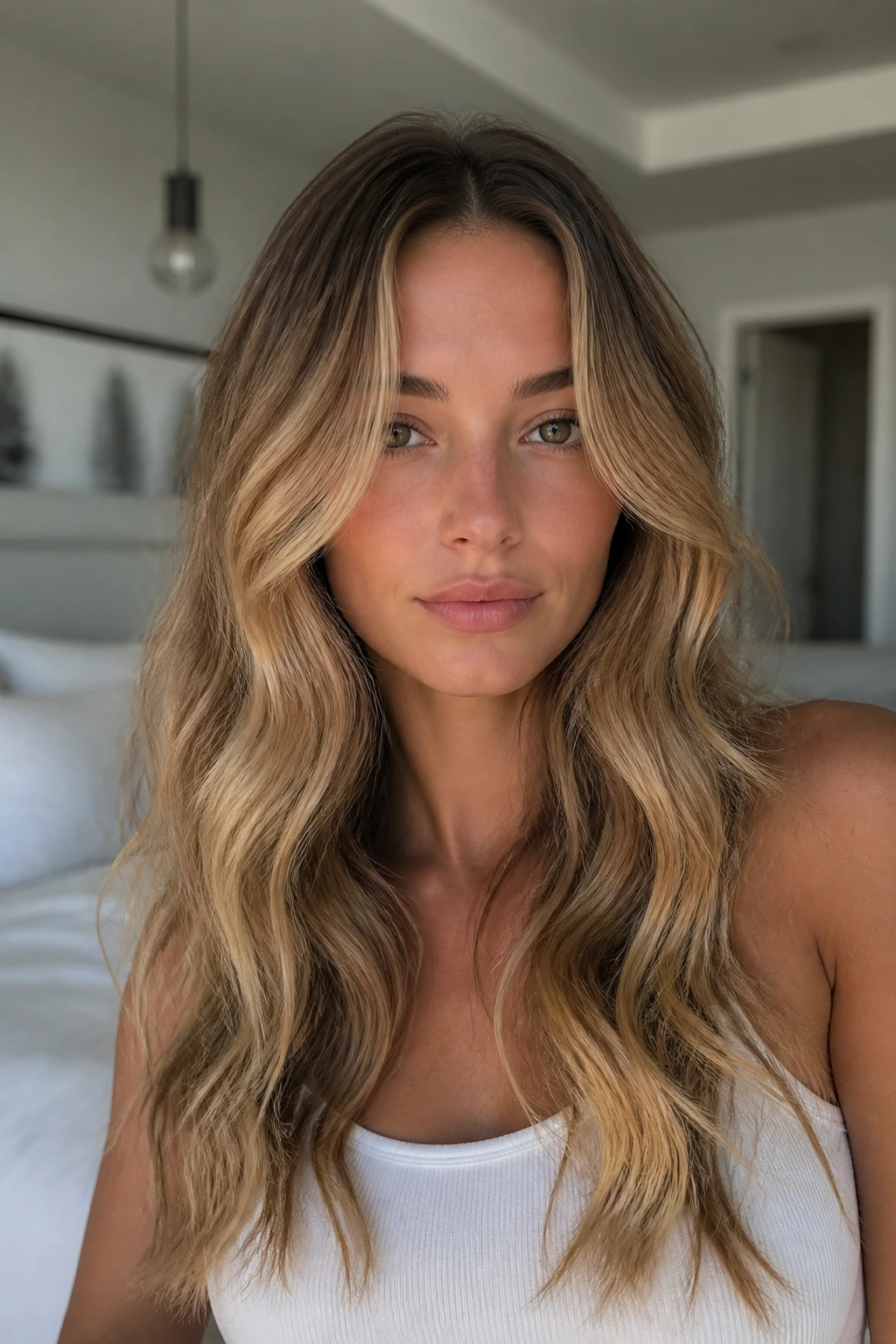 Close-up of a real person with center-part curtain waves framing the face