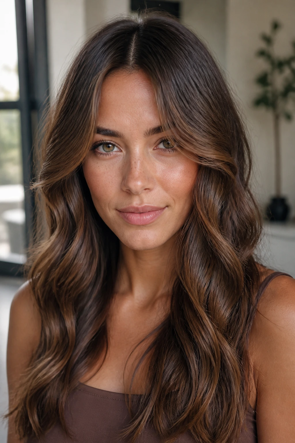 Close-up of a real person with center-part curtain waves