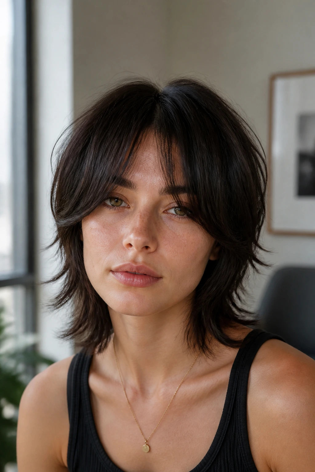 Close-up of real person with center-part curtain wolf cut