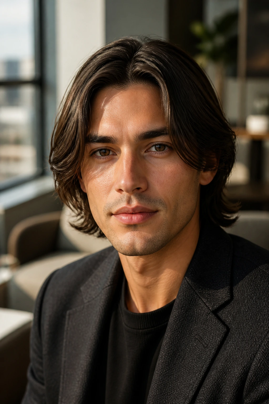 Close-up portrait of a person with center-part curtain hairstyle in an office