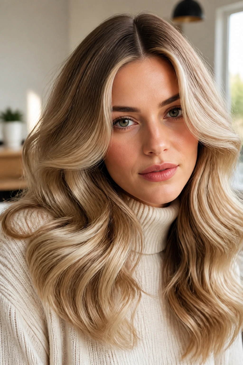 Close-up of a real person with center-parted disco waves brushed out to shine.