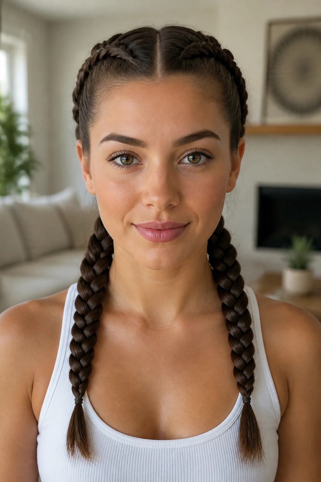 Woman with center-part twin Dutch braids, front view.
