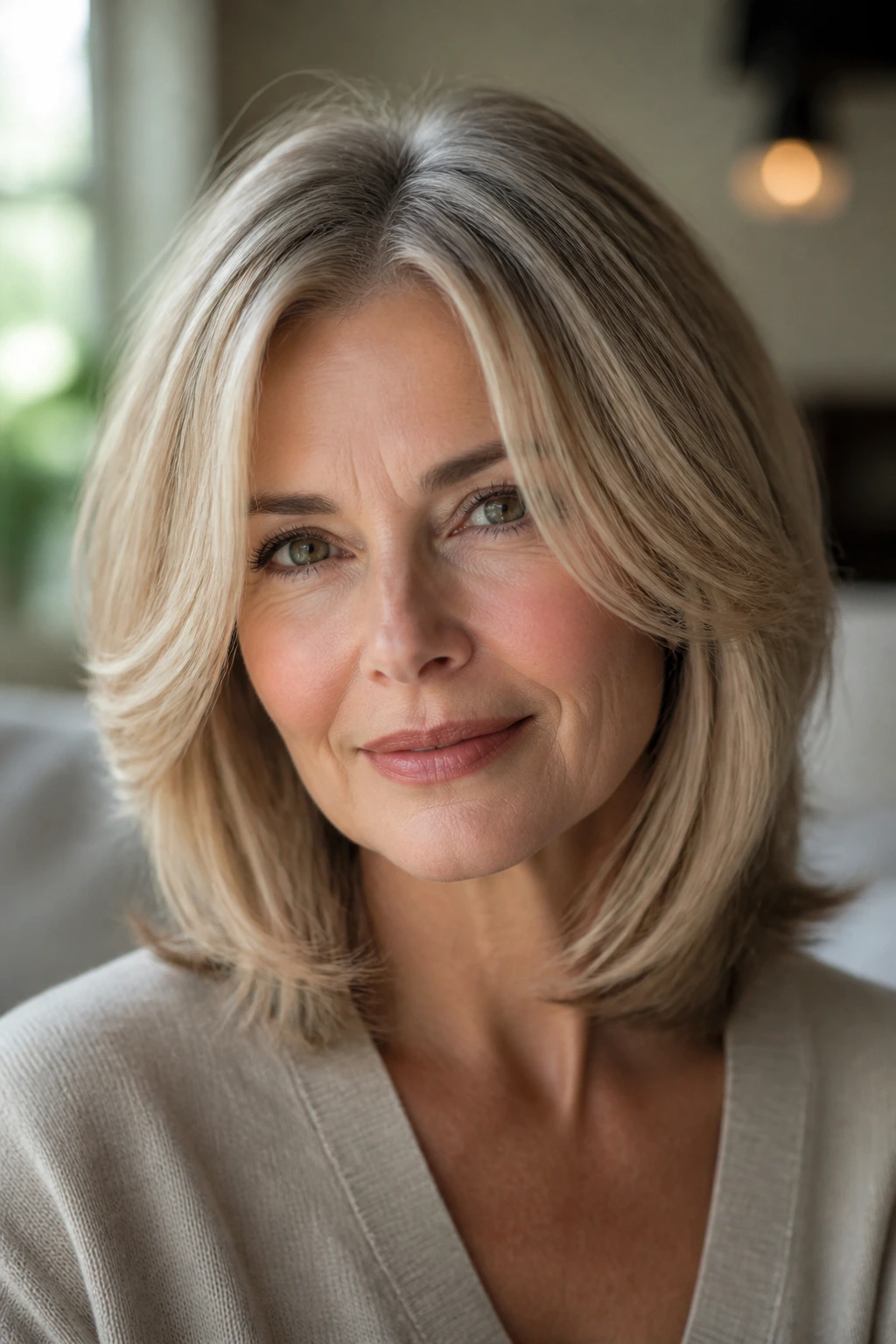 Portrait of woman with center-part and face-framing layers