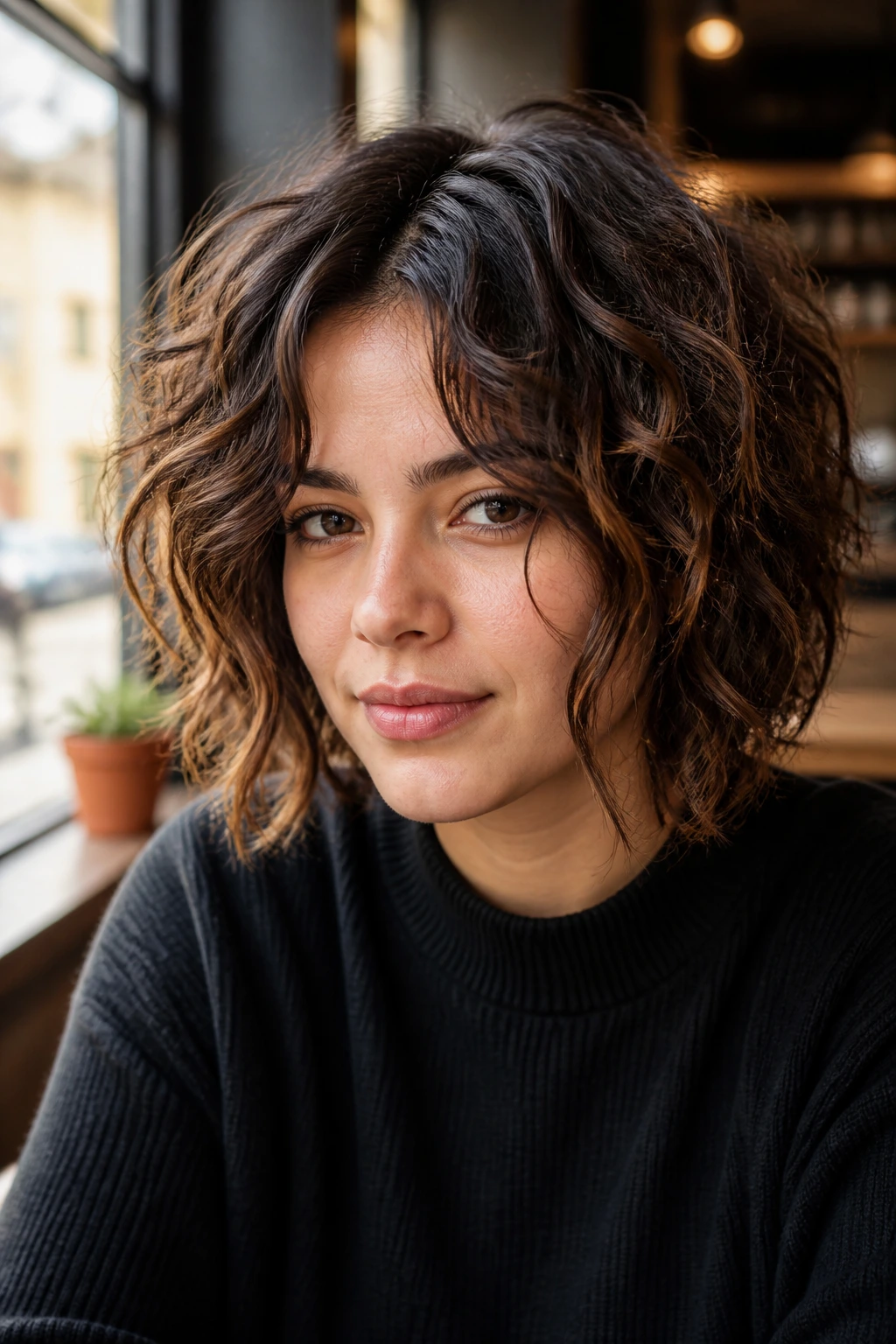 Close-up of real woman with center-part face-rail shag highlighting cheek rails
