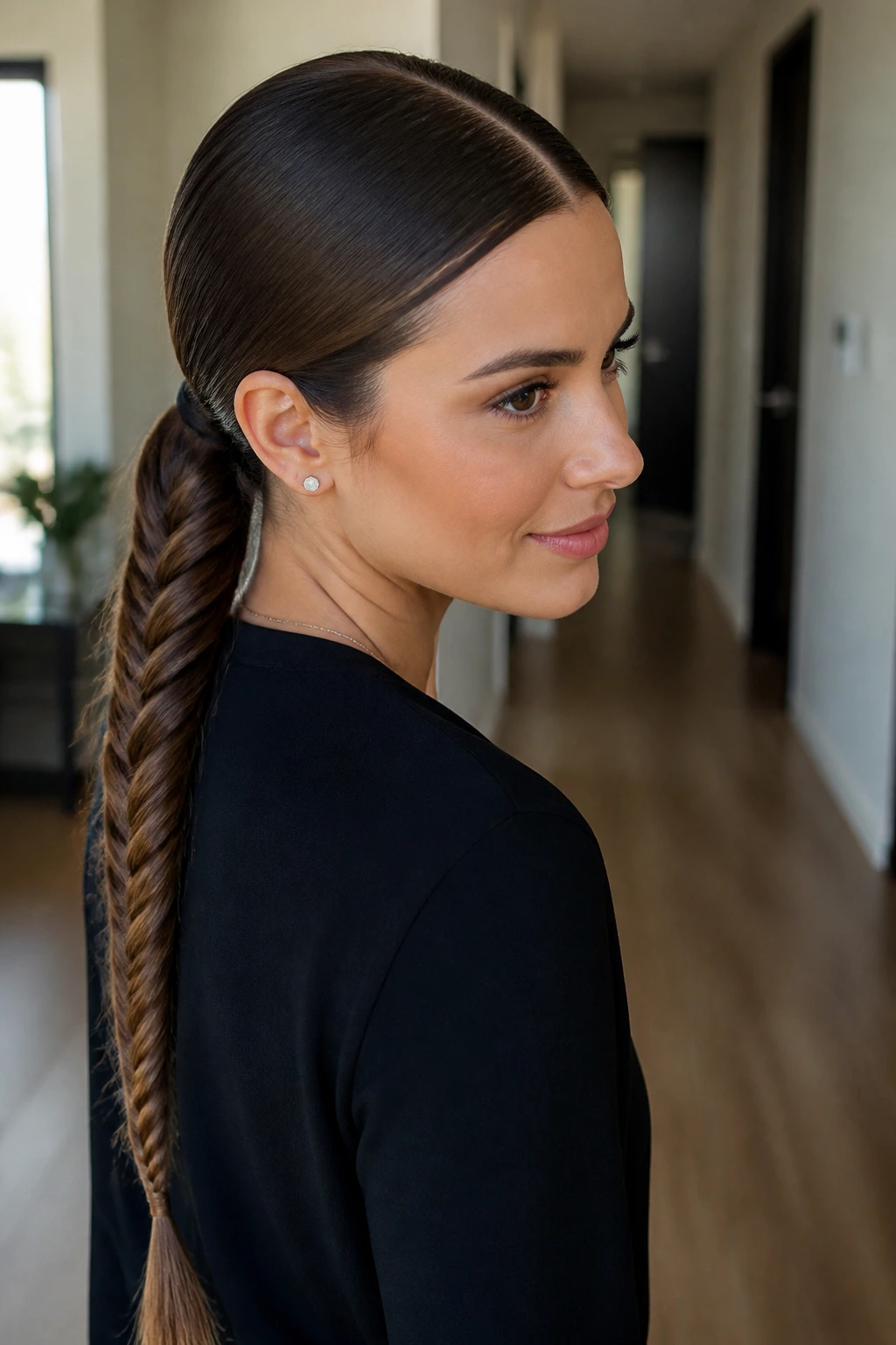 Close-up of a real woman's head showing a sleek center-part fishtail ponytail