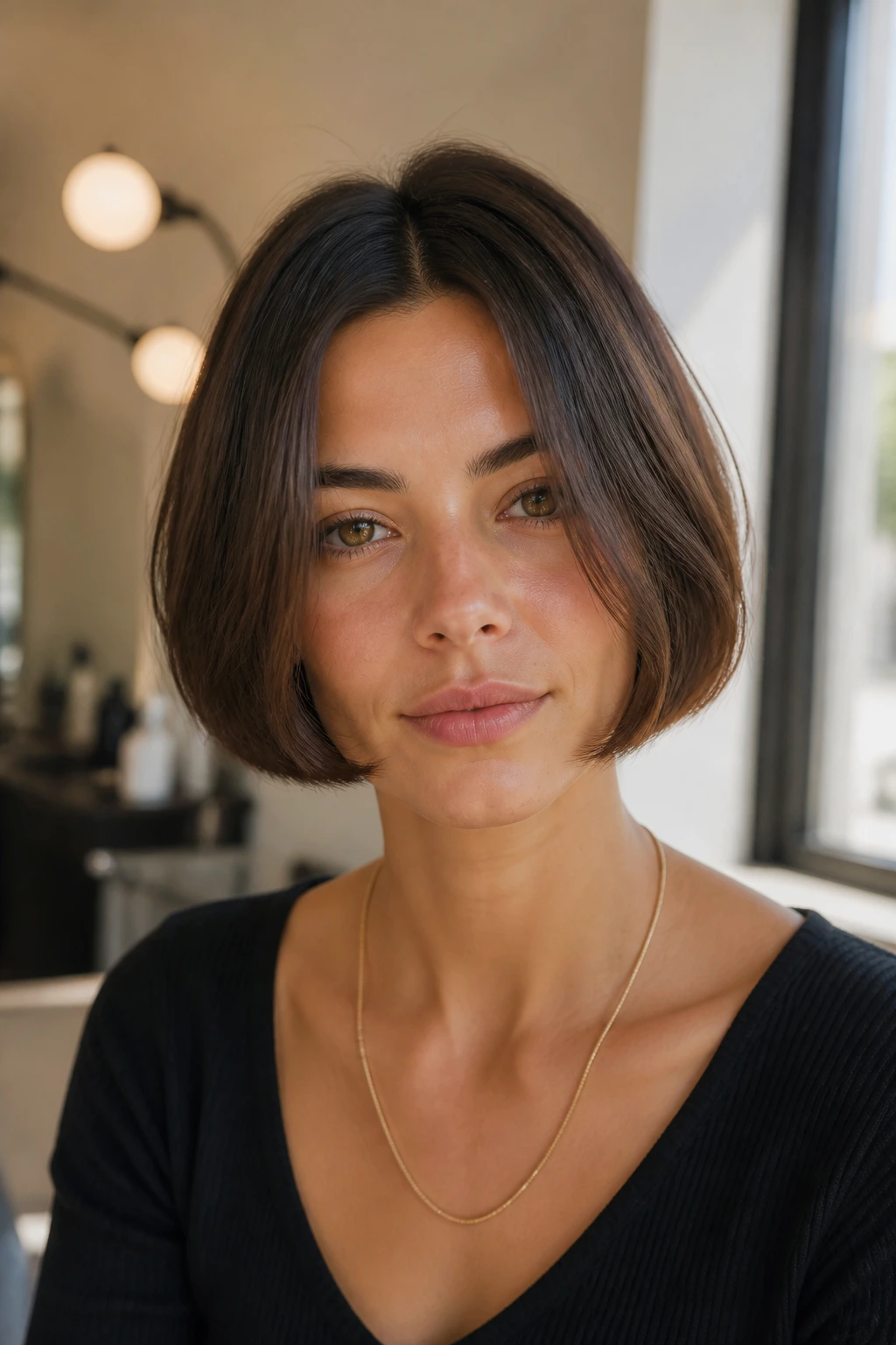 Close-up of a real woman with a center-part French bob framing the face