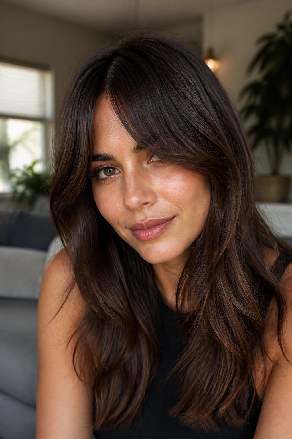 Close-up portrait of a woman with a thick center-part fringe framing her forehead