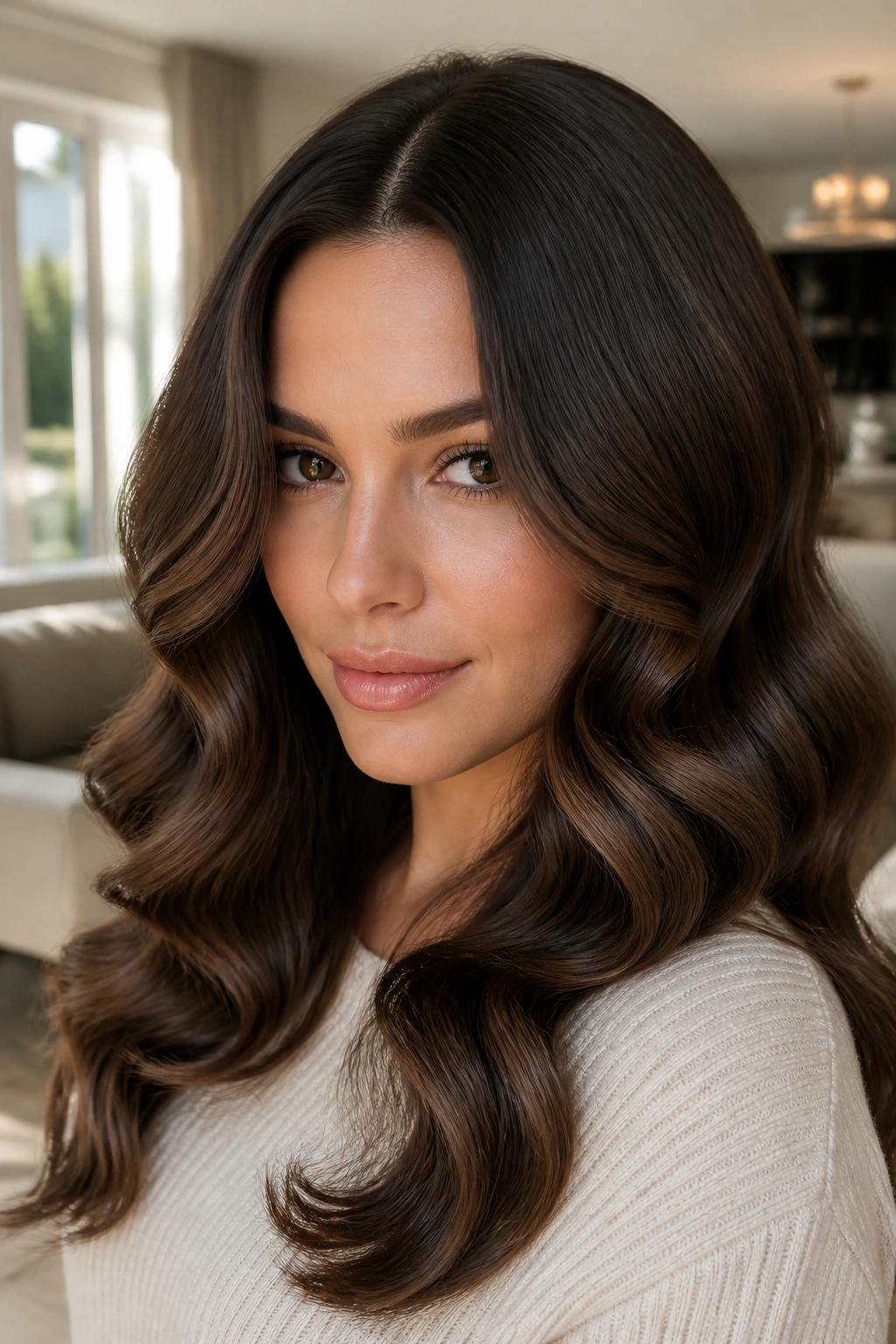 Close-up of a real woman with center-part glam waves