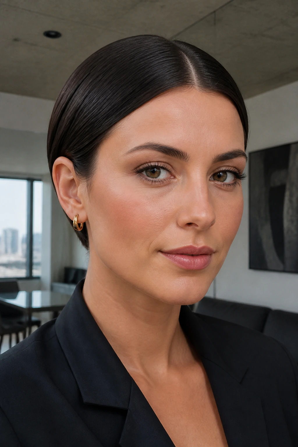 Close-up portrait of a real woman with a center-part glass crop, crown close to head and sleek finish.