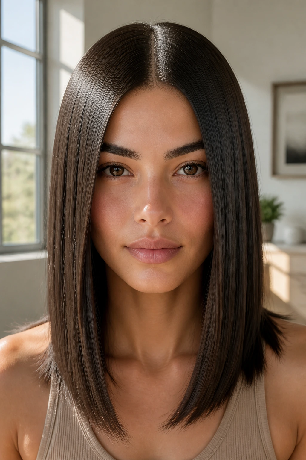Center-part glass hair close-up showing glossy, straight hair