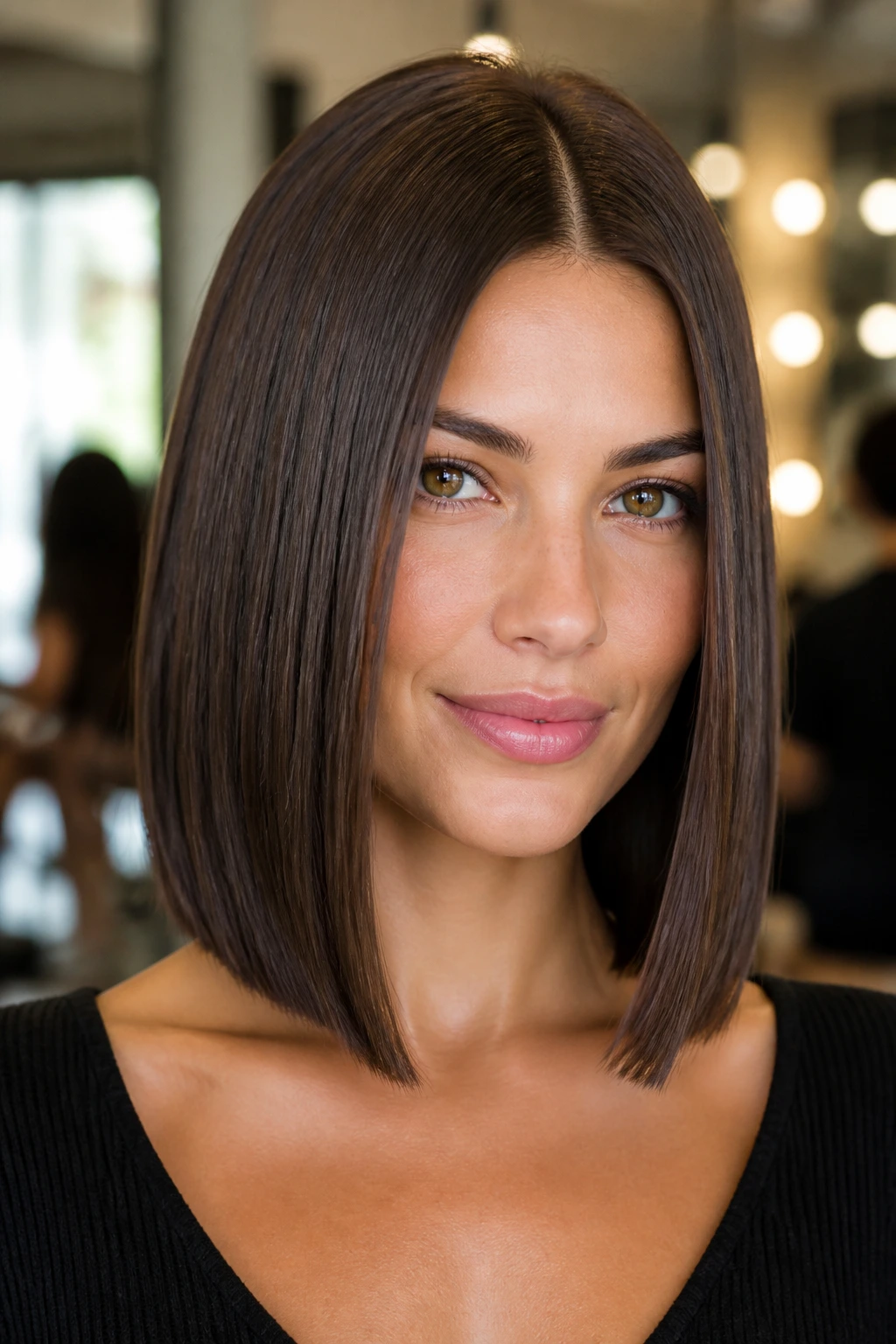 Close-up of a real person with center-part glass lob in bright salon