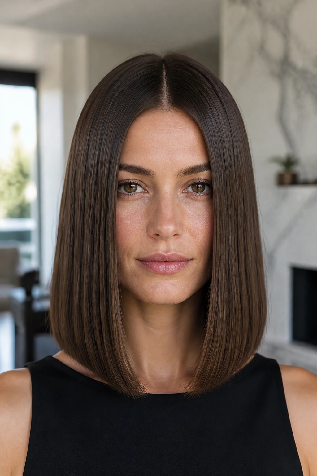 Real woman with center-part glass lob, sleek shiny finish
