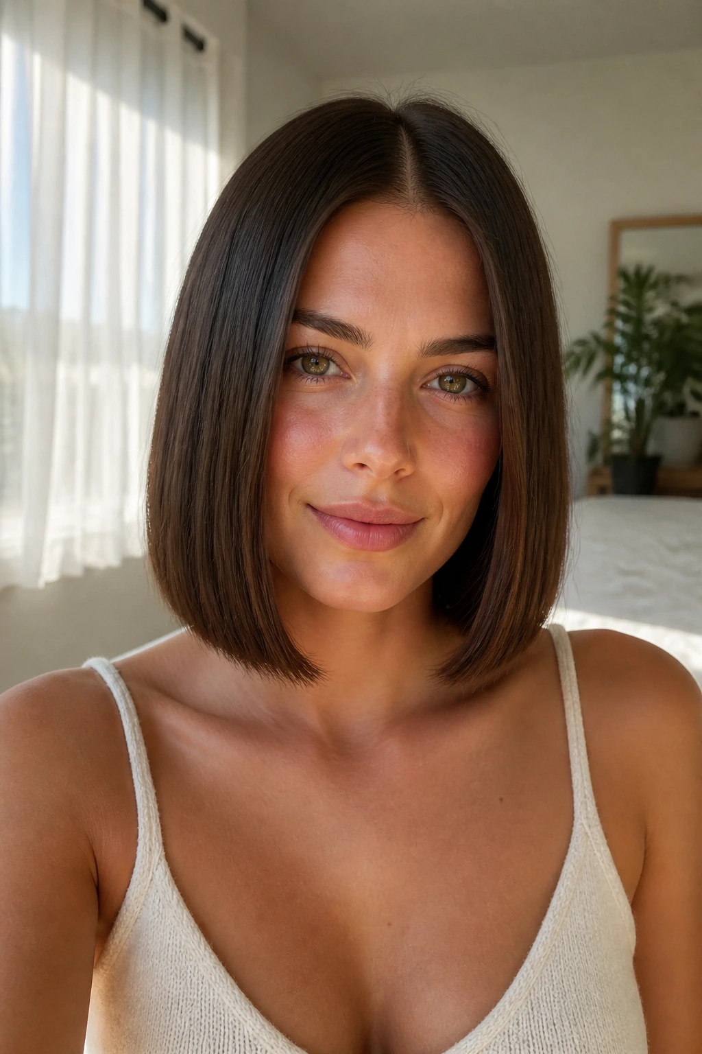 Real woman with center-part glass lob and glossy ends