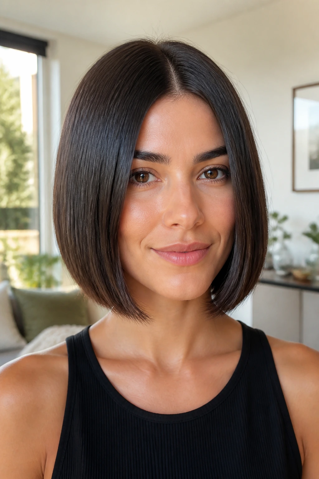 Portrait of a real woman with a center-part glossy bob and symmetric front hair.