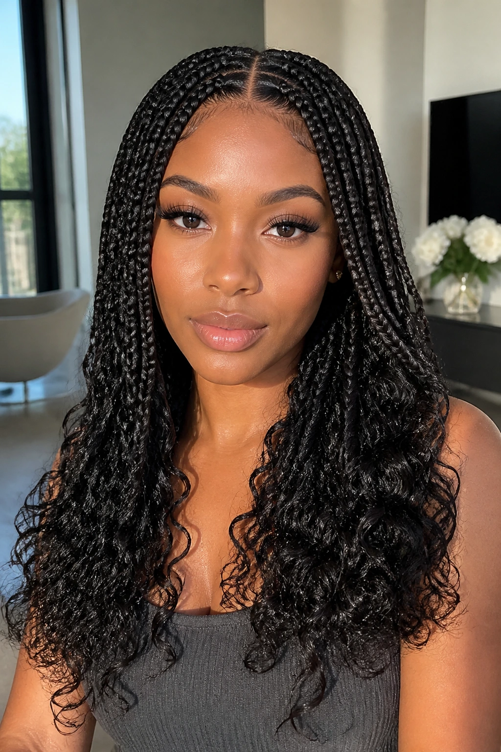 Center-part goddess braids with curly ends on a real person