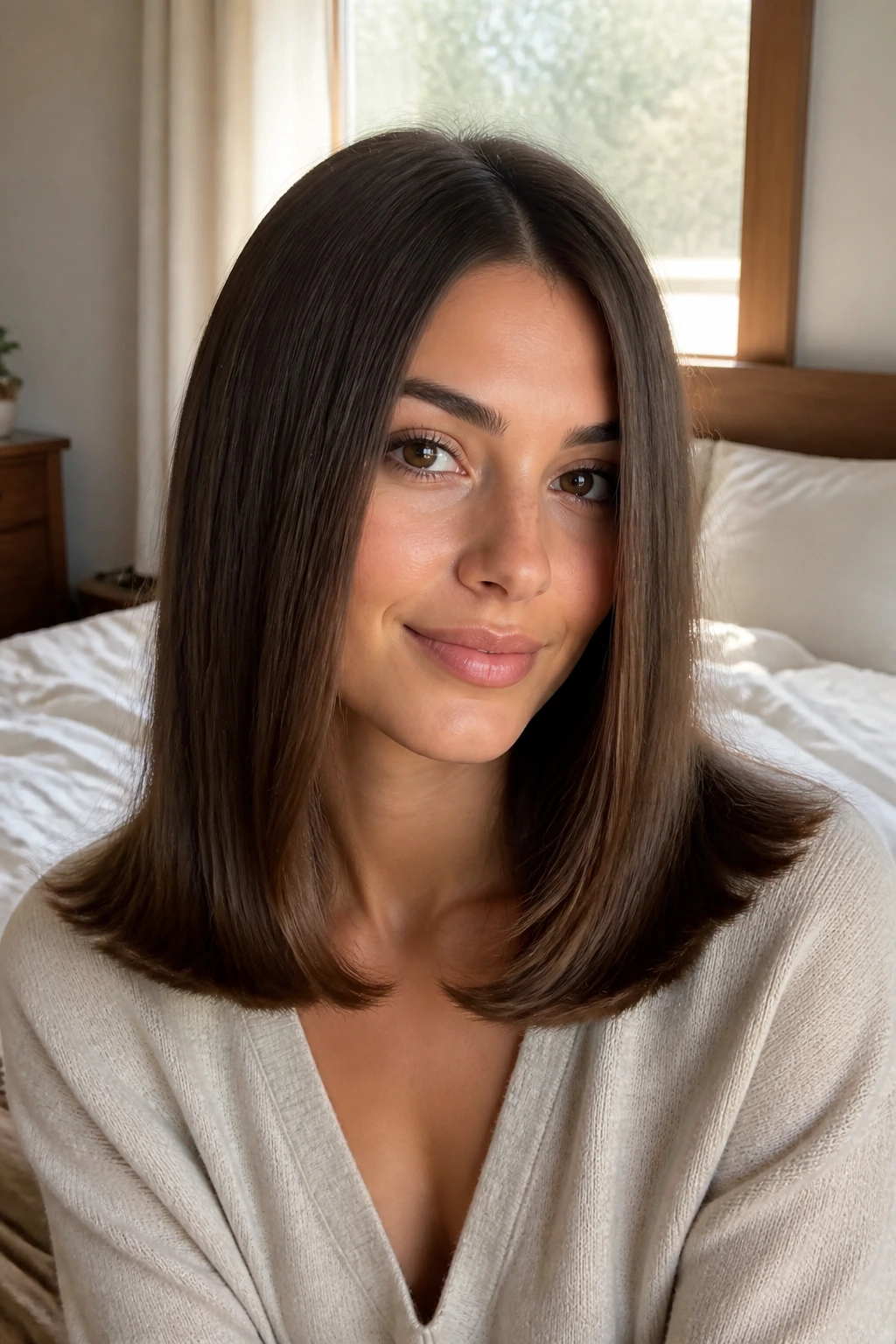 Close-up of a real woman with smooth center-parted mid-length hair and subtle flip-under ends in warm daylight