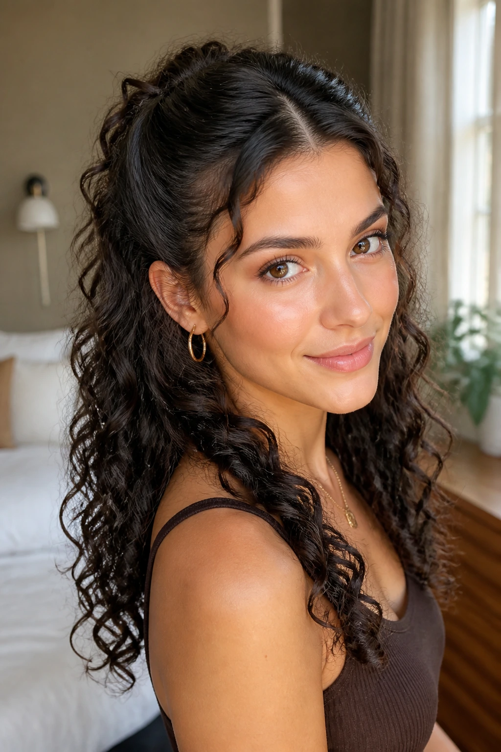 Center-part half pony hairstyle on a real person, close-up portrait with crown lift