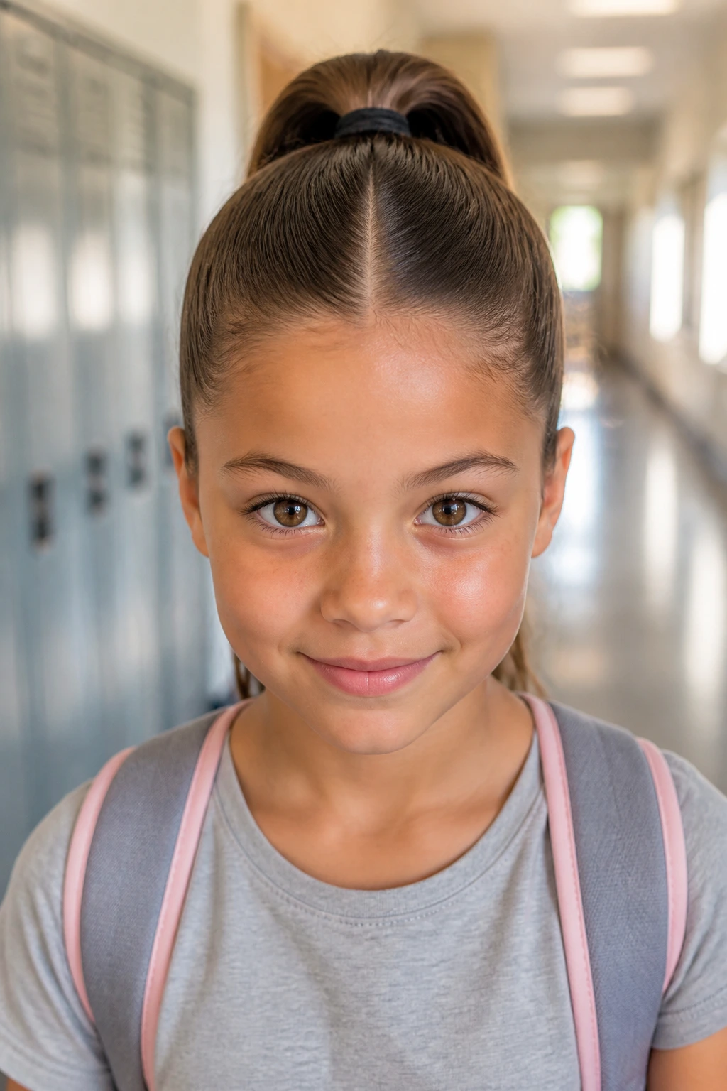 Close-up of a real child with a centered center-part high pony