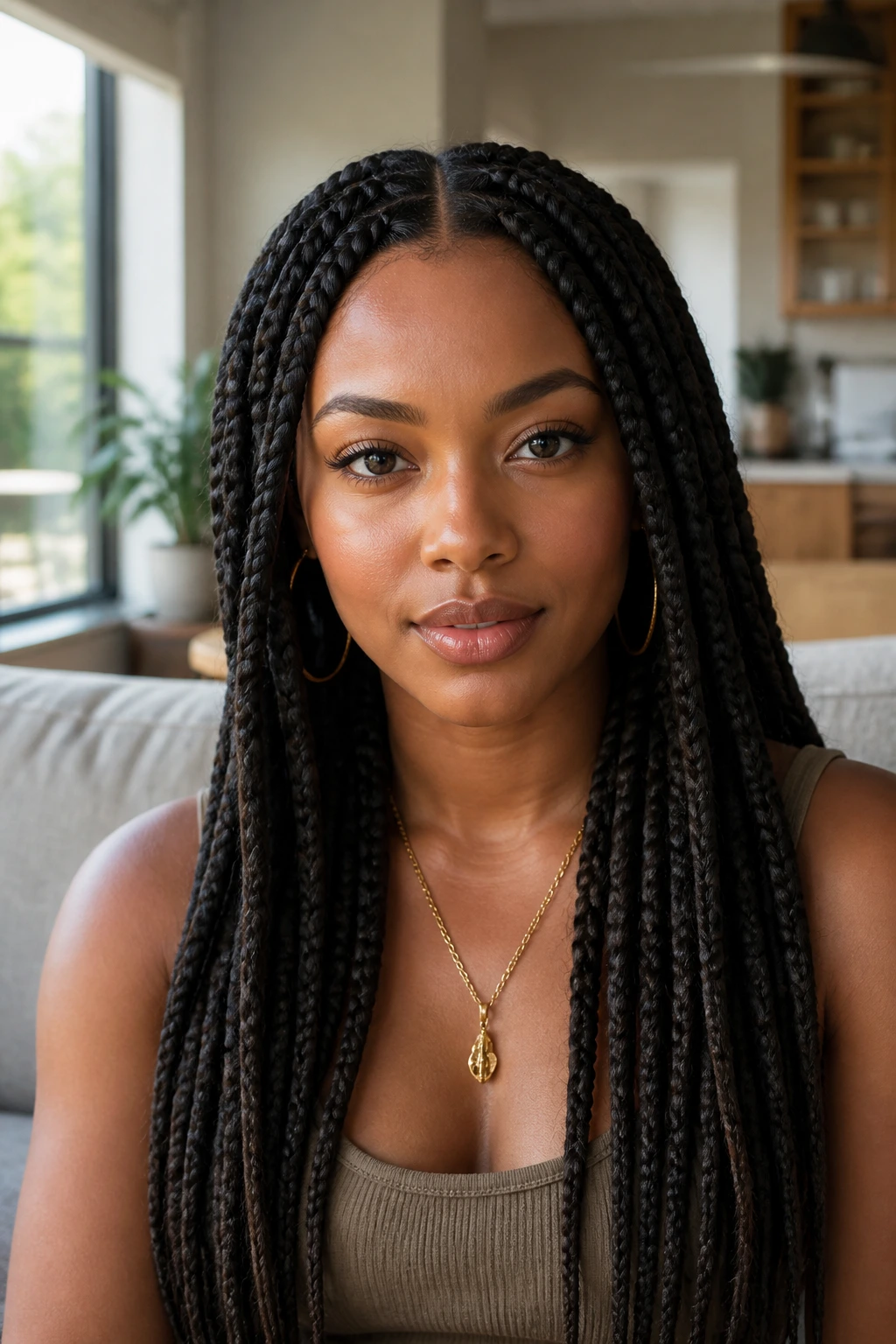 Portrait of a woman with center-part jumbo box braids