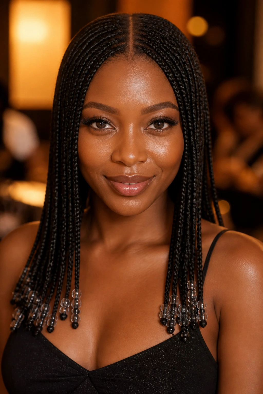 Portrait of a real woman with a sleek center-part knotless braid hairstyle and end beads