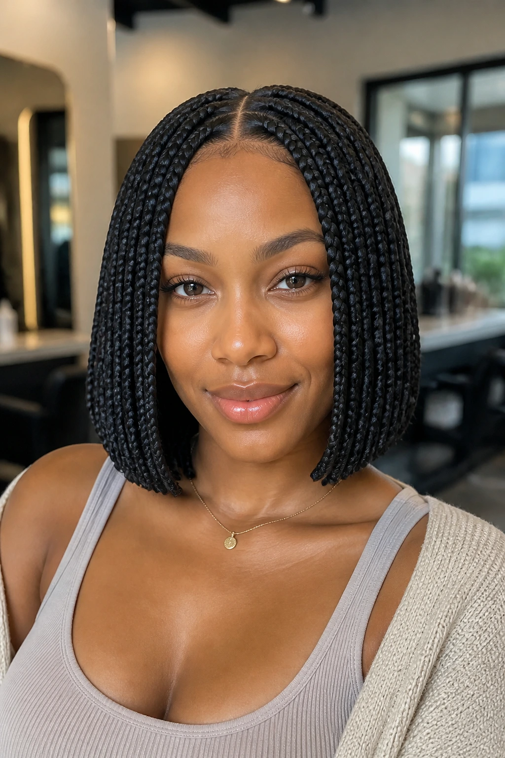 Close-up of center-part knotless bob braids on a real person