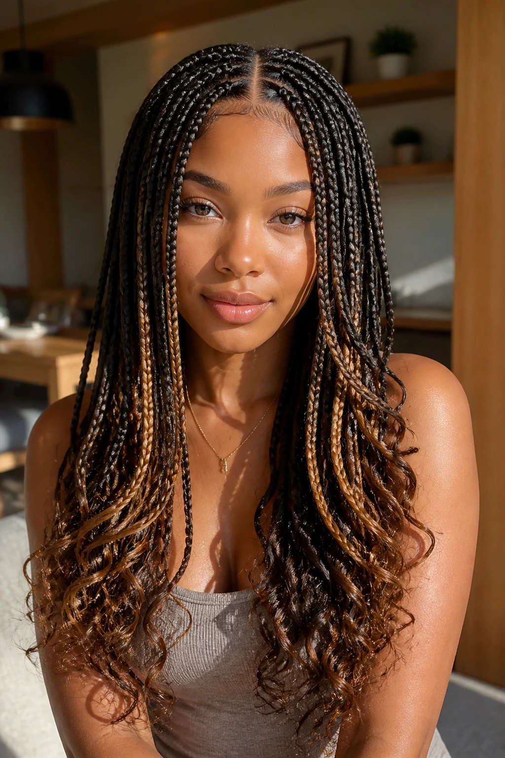 Close-up of a real woman with a center-part knotless braids and layered ends in natural light.