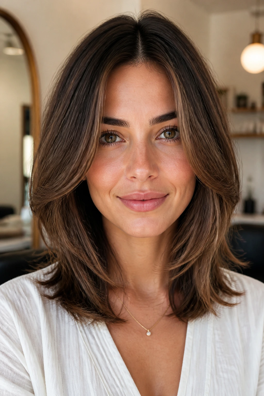 Close-up portrait of a real person with a center-parted layered haircut