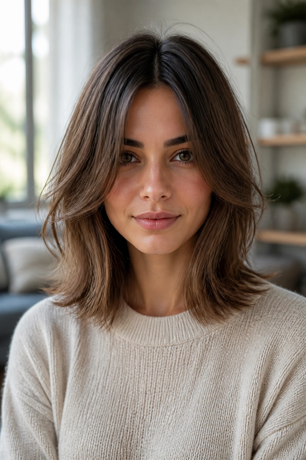 Front portrait of a woman with center part and scattered layers