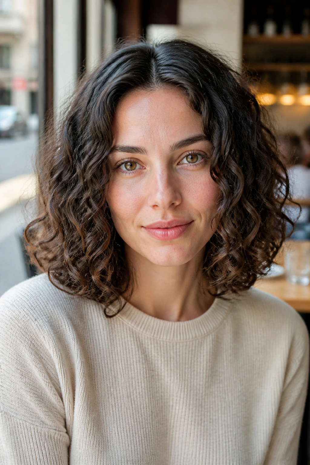 Close-up of a real woman with center-part lob bob at collarbone