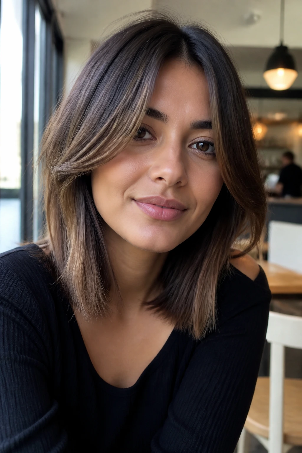 Close-up of a real woman with a center-part lob and long curtain fringe in soft daylight.