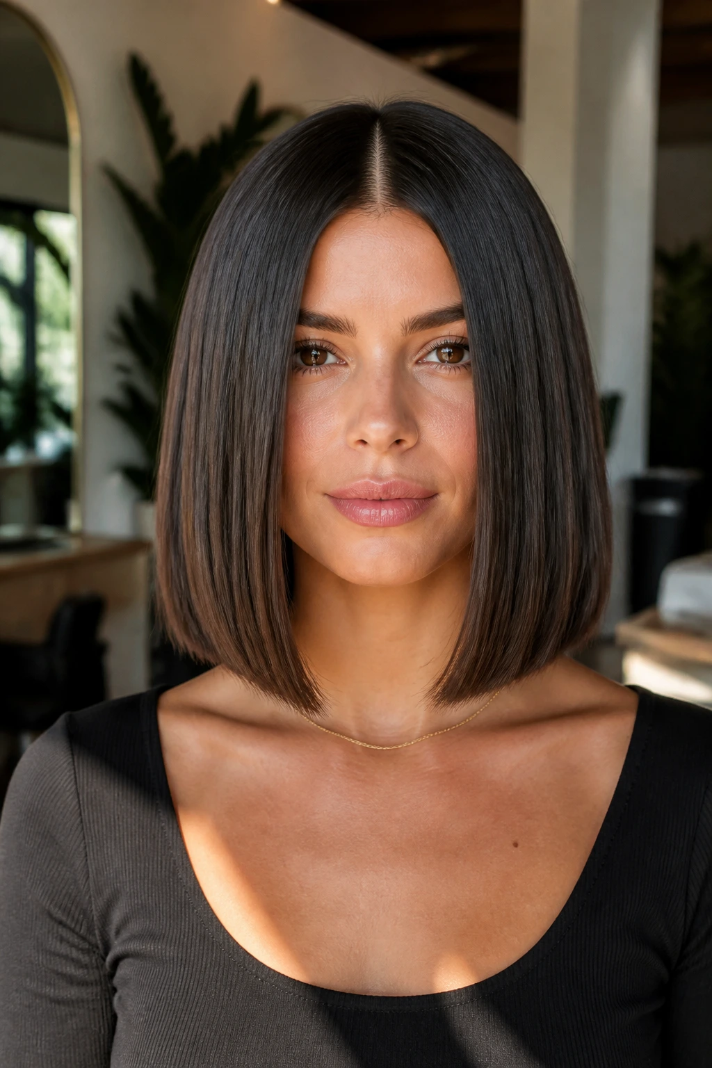 Center-part glass lob on a real woman with a smooth, reflective finish