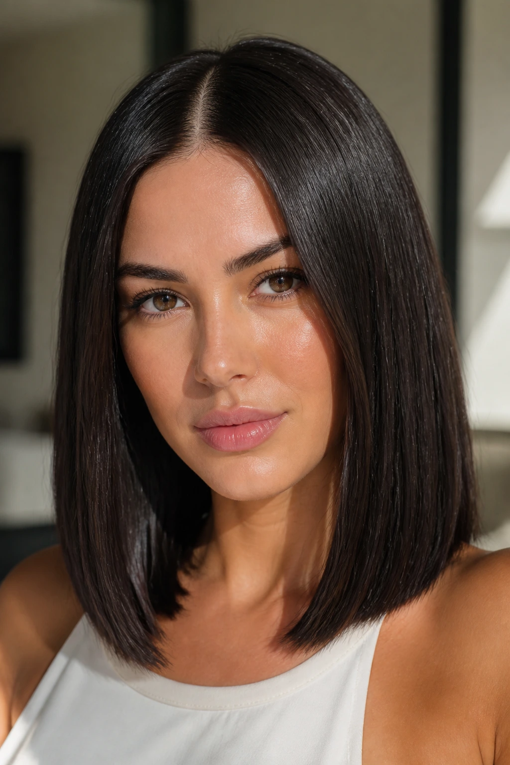 Portrait of a woman with sleek center-part lob and glossy straight hair