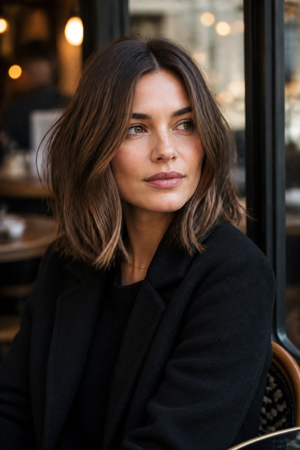 Center-part lob on a real woman with soft bend at ends