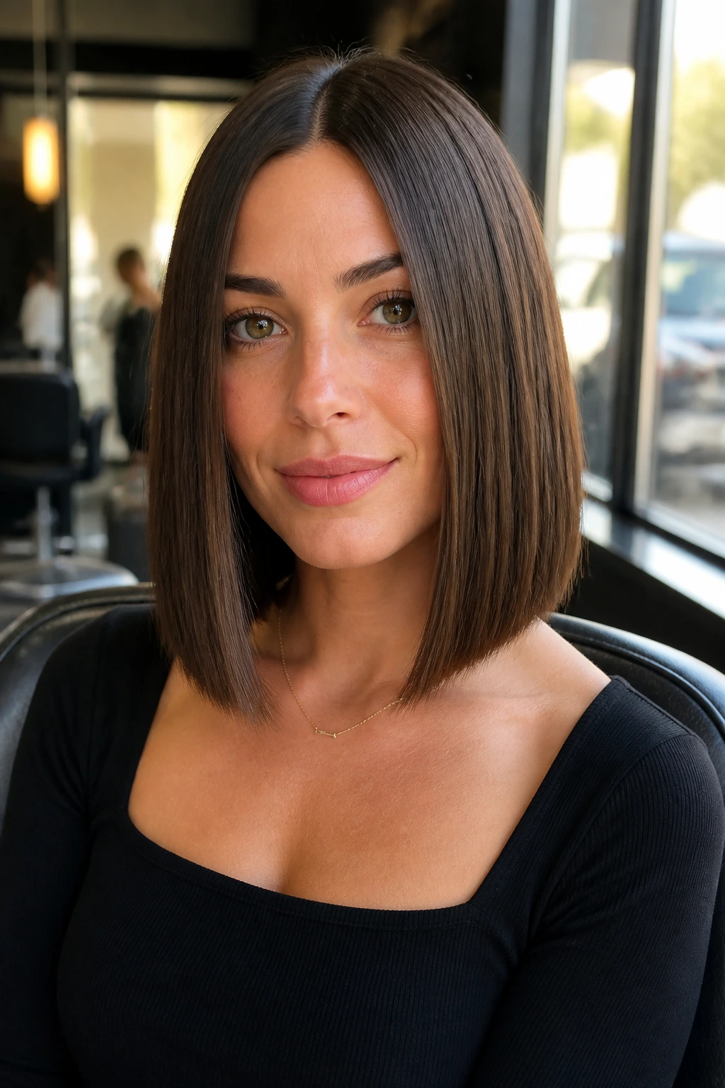 Close-up of real person with center-part blunt lob and hidden weight line.