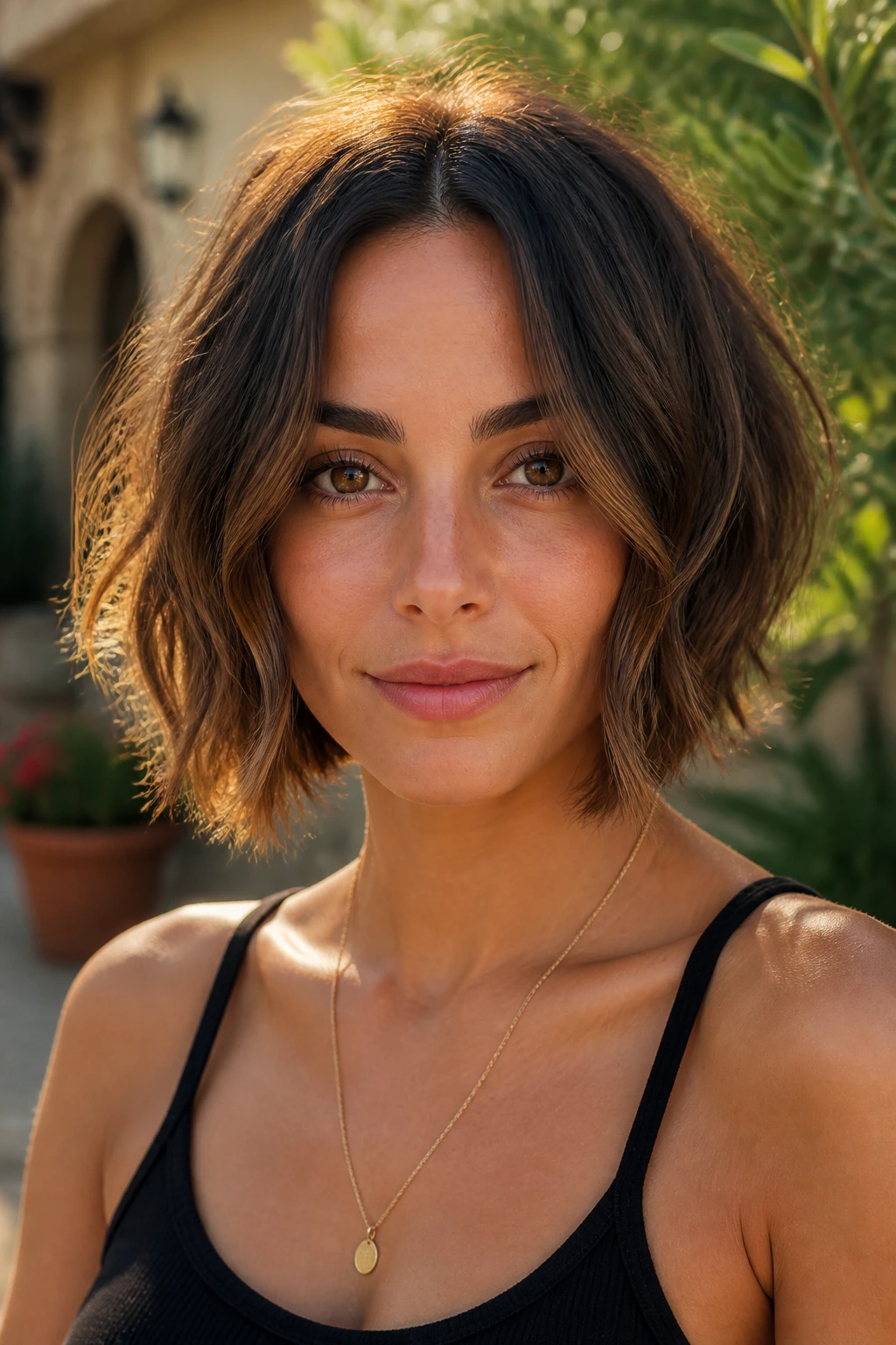 Portrait of a real person with center-parted wavy lob and nape detailing.