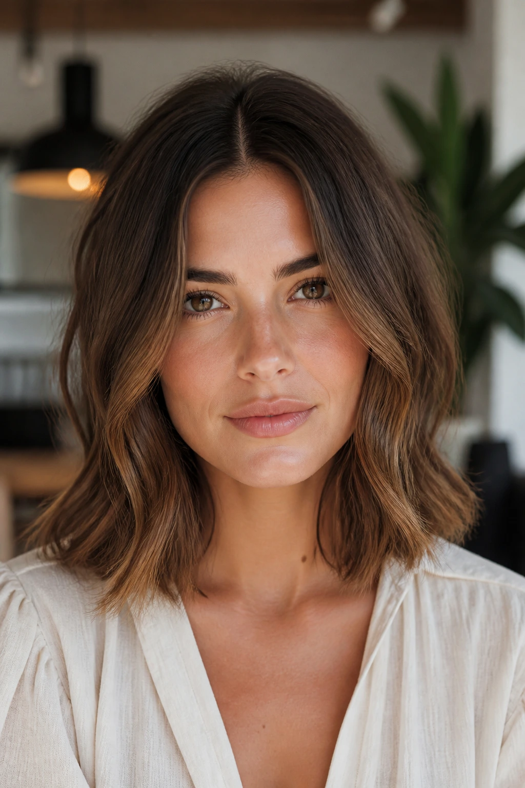 Portrait of a real woman with a center-part lob and balanced jaw-framing waves