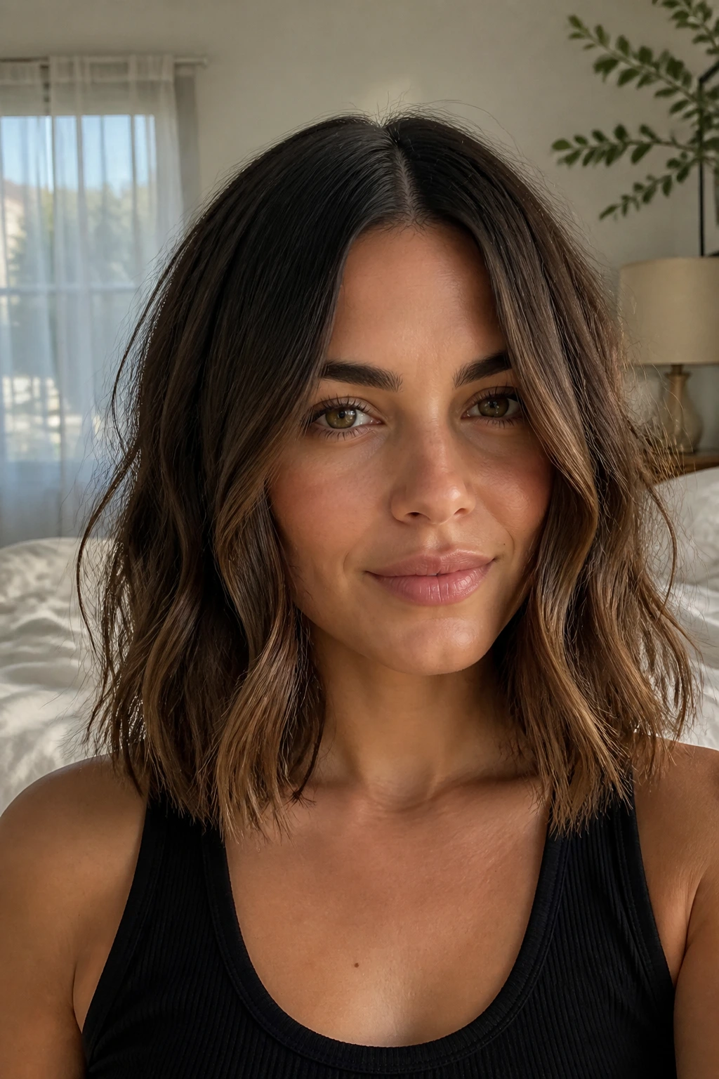 Portrait of a real woman with center-part wavy lob and collarbone-length waves