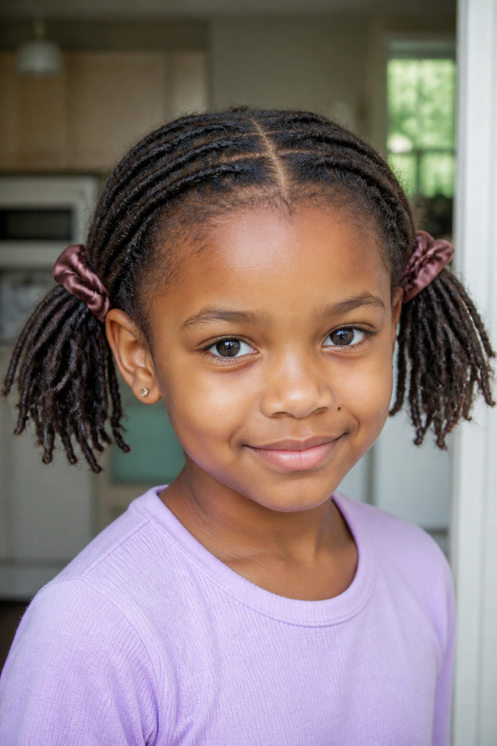 Close-up of a child with center-part locs styled into two pigtails.