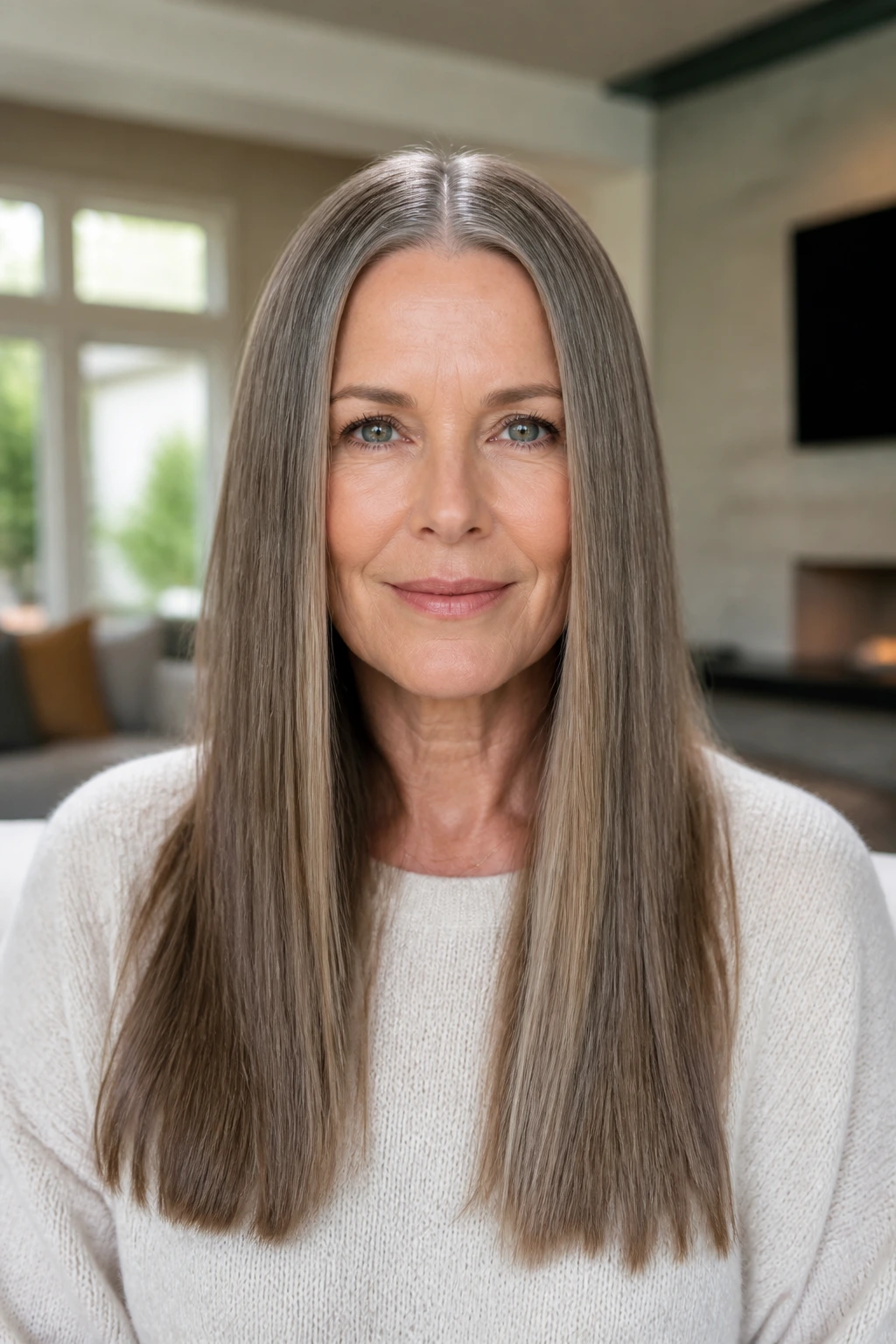 Close-up portrait of a real woman with a center-parted long straight hair