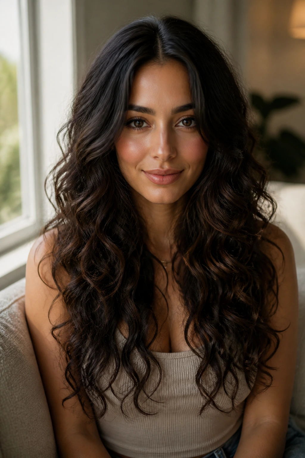 Close-up portrait of a real woman with center-parted long layered hair, balanced symmetry.