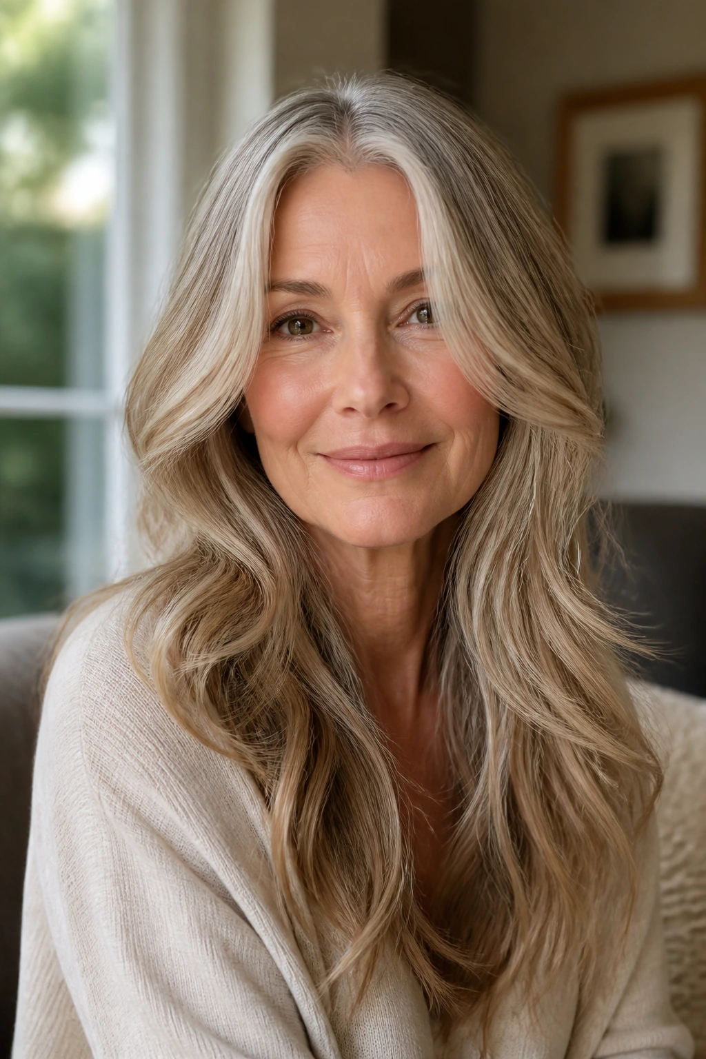 Close-up of real woman with center-part layers framing cheeks in natural light.