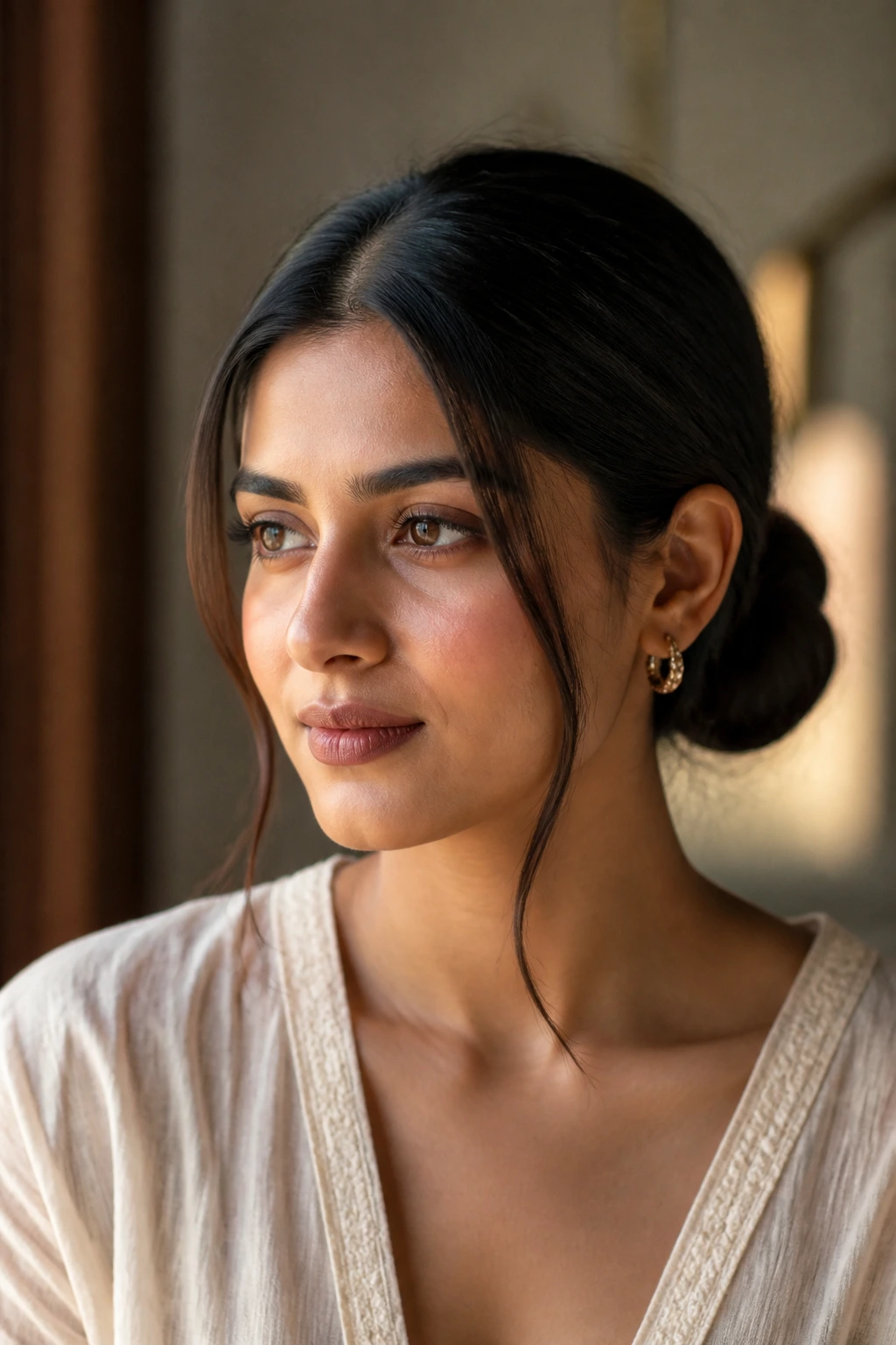 Portrait of a woman with a center-part low bun and face-framing pieces.